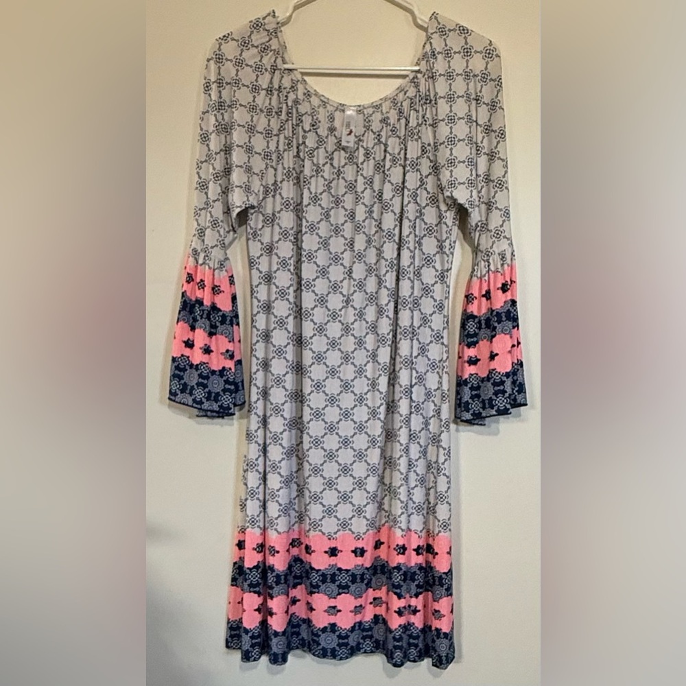 Women’s Midi Dress with Pink & Navy Border Print